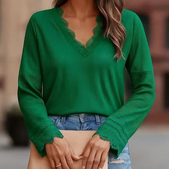 Green Ribbed Long Sleeve Top with Lace Trim | Easy Everyday Fit | NWT - Picture 1 of 8